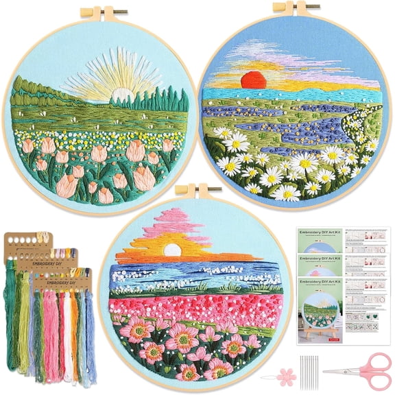 3 Pack Embroidery Starter Kit for Adults Beginners, Landscape Stamped DIY Needlepoint Handmade Practice Sampler with Threads Sewing Hoop Instructions