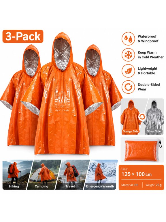 3-Pack Emergency Rain Ponchos, Lightweight PE Aluminum Foil Raincoat for Camping, Hiking, Outdoor Activities and Emergency Warmth, Double-Sided Wear, Orange