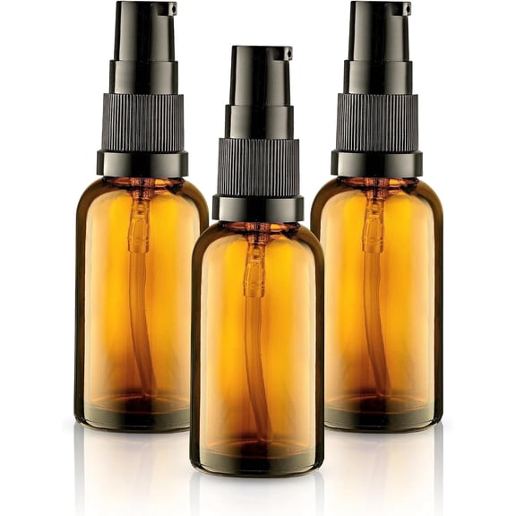 3 Pack Empty Refillable Glass Amber Pump Bottle Ideal for Lotion Cream Essential Oil Travel Small Container, 30ml
