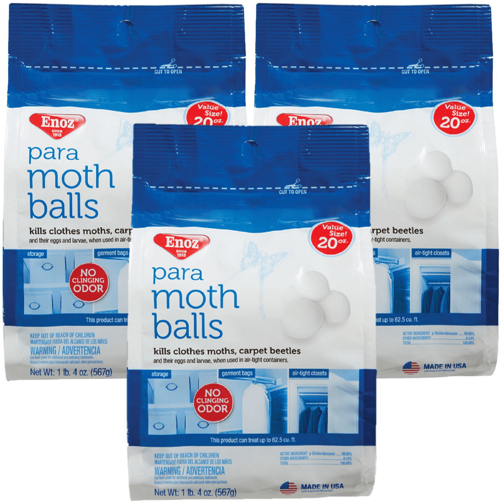 (3 Pack) Enoz Para Moth Balls, Moth Killer for Clothes Moths & Carpet Beetles, Resealable, 20 oz, Size: 60 oz