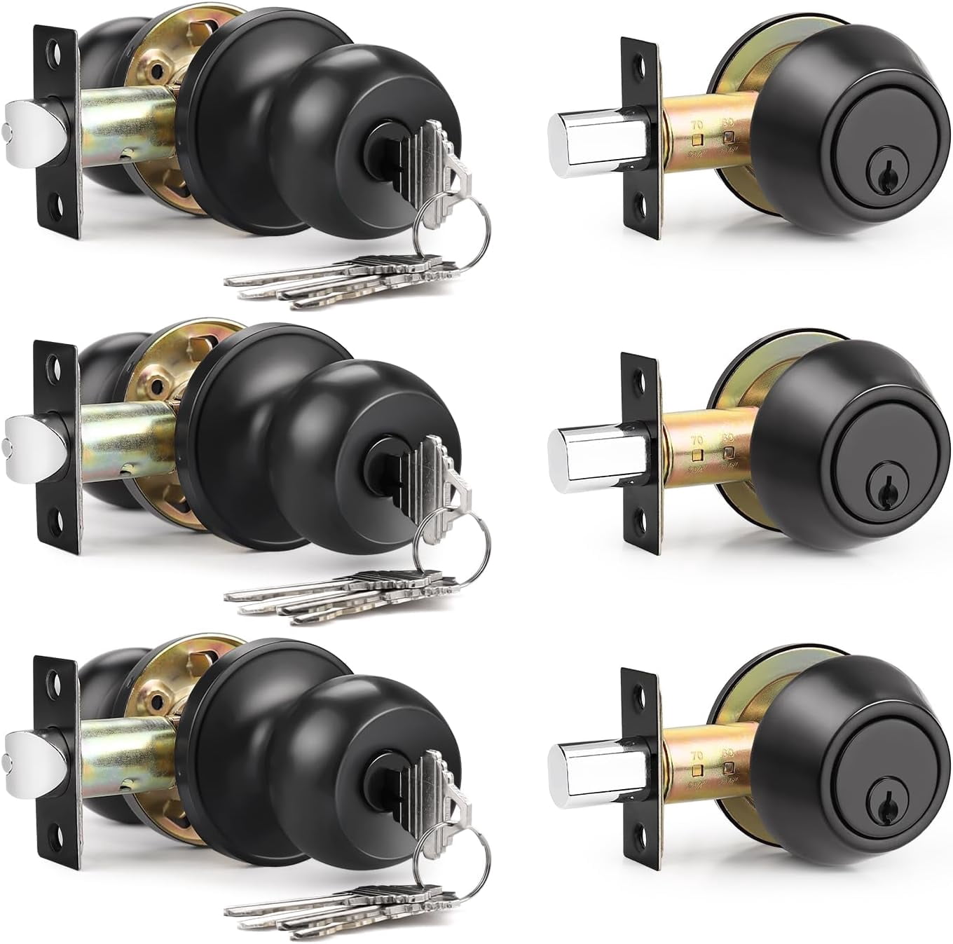 3 Pack Entry Door Knob Lockset and Single Cylinder Deadbolt Combination Set in Matte Black Finish, Keyed Alike Exterior Knob Lock and Deadbolt for Front Door and Outside Gate