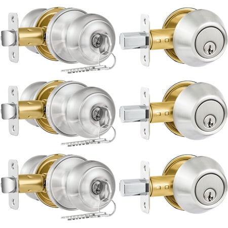 3 Pack Entry Door Lock and Single Cylinder Deadbolt Combo Set, Keyed Alike Satin Nickel Exterior Door Knobs with Lock&Keys, Round Ball Door Locksets with Deadbolt for Entrance and Front Door