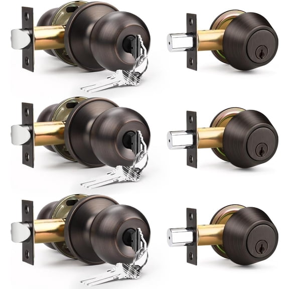 3 Pack Entry Door Locksets with Single Cylinder Deadbolt, Oil Rubbed Bronze Exterior Door Lock Set with Same Key, Front Roound Door Knob and Deadbolt Set