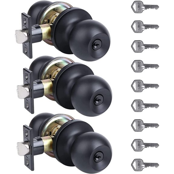 3 Pack Entry Doorknobs,Keyed Alike,Entry Doorknob Lock with Keys,for Front Door,Exterier and Interier Doors,Matte Black