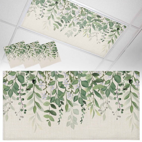 3 Pack Eucalyptus Leaves Fluorescent Light Covers for Ceiling Lights Green Leaves Idyllic Wind Farmhouses Vintage Magnetic Ceiling Light Covers Overhead Light Filters for Office Classroom Home