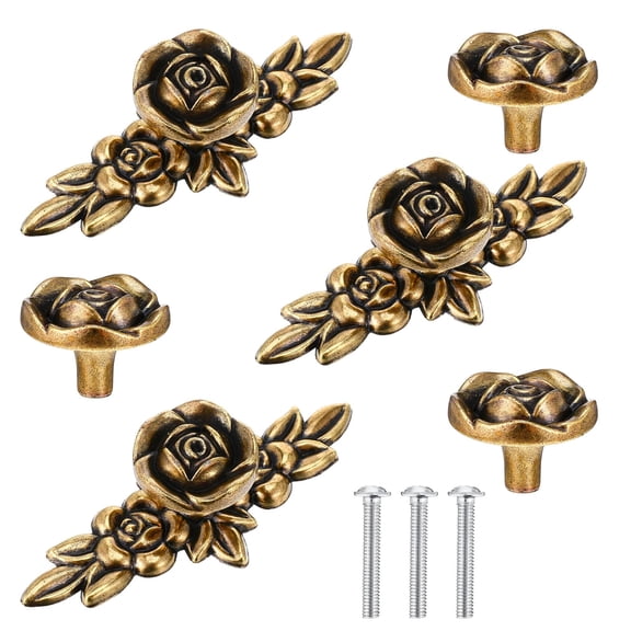 3 Pack Euro Rose Cabinet Knobs with Plate Vintage Zinc Alloy Flower Drawer Pull Handles Classic Bronze Cabinet Pulls and Knobs for Dresser Nightstand Cupboard