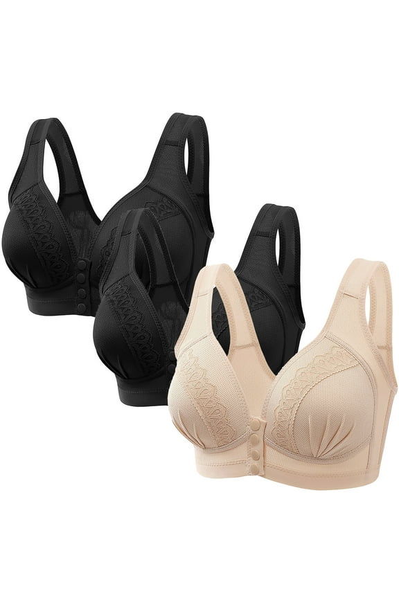3 Pack Everyday Front Closure Bra No Steel Ring, Floral Lace Cotton Snap Front Plus Size Full Coverage Comfort Bra (3X-Large, Beige)