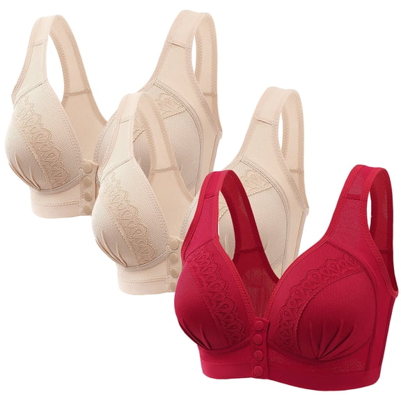 3 Pack Everyday Front Closure Bra No Steel Ring, Floral Lace Cotton Snap Front Plus Size Full Coverage Comfort Bra (Medium, 3pc E)
