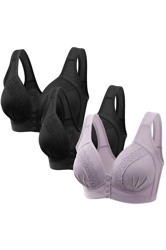 3 Pack Everyday Front Closure Bra No Steel Ring, Floral Lace Cotton Snap Front Plus Size Full Coverage Comfort Bra (Medium, Purple)