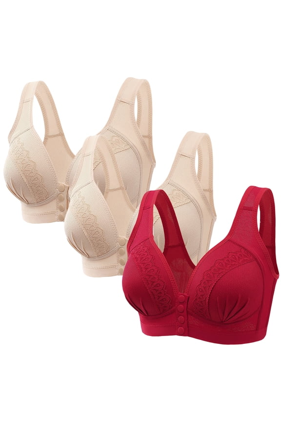 3 Pack Everyday Front Closure Bra No Steel Ring, Floral Lace Cotton Snap Front Plus Size Full Coverage Comfort Bra (X-Large, 3pc E)
