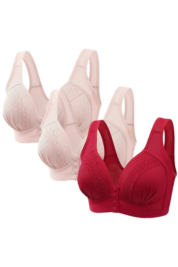 3 Pack Everyday Front Closure Bra No Steel Ring, Floral Lace Cotton Snap Front Plus Size Full Coverage Comfort Bra (X-Large, 3pc J)