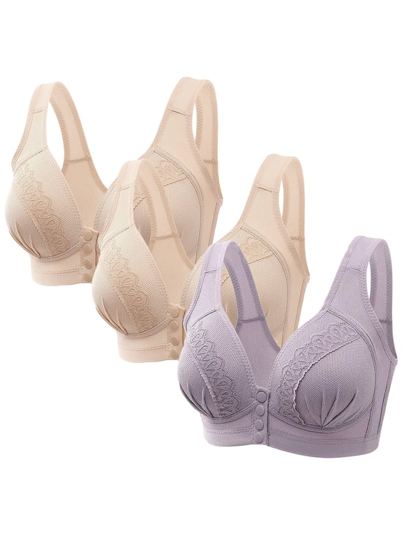 3 Pack Everyday Front Closure Bra No Steel Ring, Floral Lace Cotton Snap Front Plus Size Full Coverage Comfort Bra (XX-Large, 3pc D)