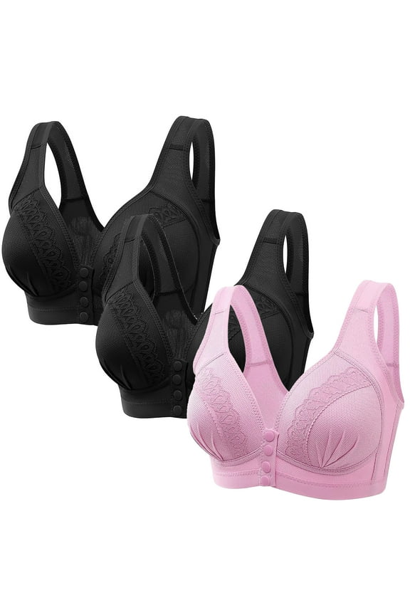 3 Pack Everyday Front Closure Bra No Steel Ring, Floral Lace Cotton Snap Front Plus Size Full Coverage Comfort Bra (XX-Large, Hot Pink)