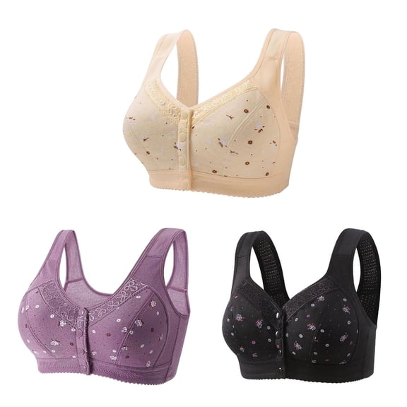 3 Pack Everyday Sleep Bras - Nature Cotton Soft Cup Wireless Front Button Snap Close Seamless Padded Bras for Women