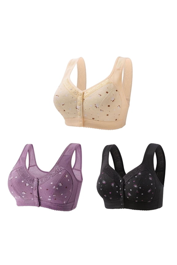 3 Pack Everyday Sleep Bras - Nature Cotton Soft Cup Wireless Front Button Snap Close Seamless Padded Bras for Women