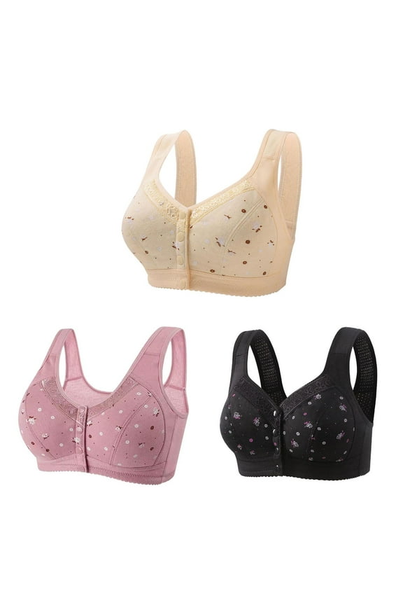 3 Pack Everyday Sleep Bras - Nature Cotton Soft Cup Wireless Front Button Snap Close Seamless Padded Bras for Women