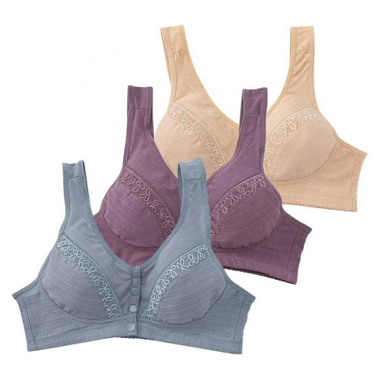 3 Pack Everyday Sleep Bras - Nature Cotton Soft Cup Wireless Front Snap  Close Bras with Removable Pads of Women Plus Size