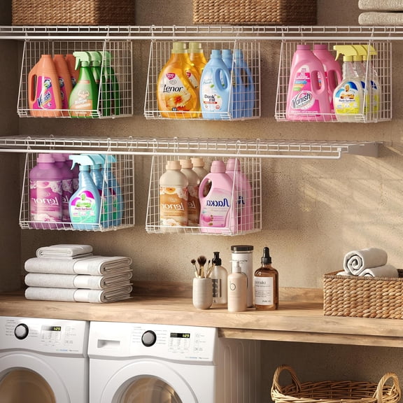 3-Pack Extra-Tall 13.6'' Hanging Laundry Basket Organizer, Foldable Wire Shelf with 360 Rotating Hooks & Reinforced Height - Durable Space-Saving Laundry Room & Closet Organizer, White Patent