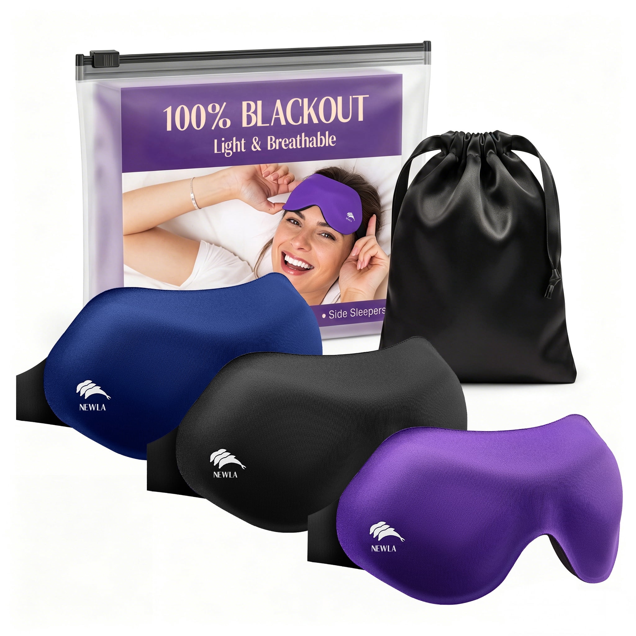 3 Pack Eye Masks for Sleeping: Blackout Sleep Eye Mask with Zero Pressure Fit - Soft 3D Contoured Comfort for Travel and Side Sleepers