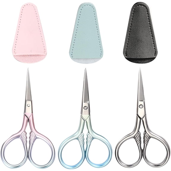 3 Pack Eyebrow Scissors, Small Grooming Scissors 3.5inch Stainless Steel Multi-Purpose Vintage Beauty Precision Kit for Facial Hair, Eyebrow, Eyelash, Beard, Moustache with PU Sheath