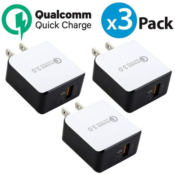 3-Pack FREEDOMTECH 3.0 Quick Charge Certified 18W Fast Rapid USB Wall Charger Adapter For Apple iPhone X iPhone 8 Plus Samsung Galaxy S8 S9+ Plus Note 9 Note 8 Galaxy S7 Edge LG G7 Google Pixel 2 XL