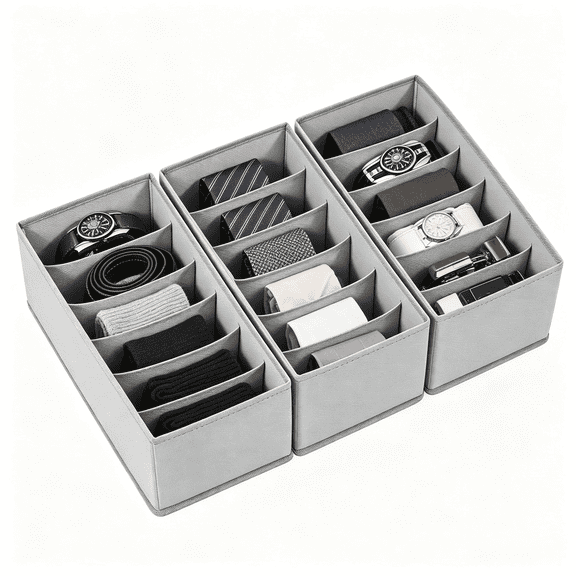 3-Pack Fabric Belt and Tie Organizer for Closet, Foldable Drawer Dividers for Socks and Accessories, 18 Grids Total