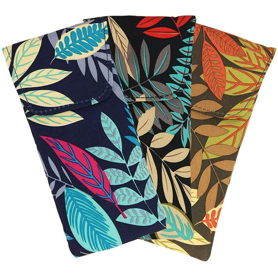 3 Pack Fabric Eyeglass Case Top Closure, Slip In Eyeglass Case Soft For Medium To Large Glasses, Women, Botanical - Navy, Black, & Brown