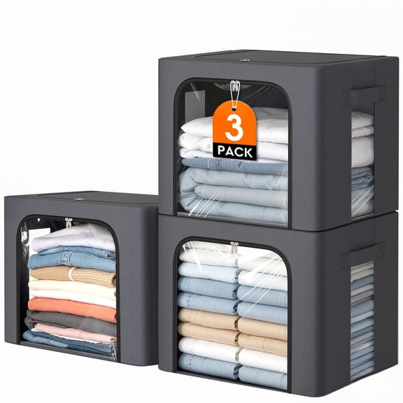 3 Pack Fabric Storage Boxes with Metal Frame 40L Light Grey Home Organization