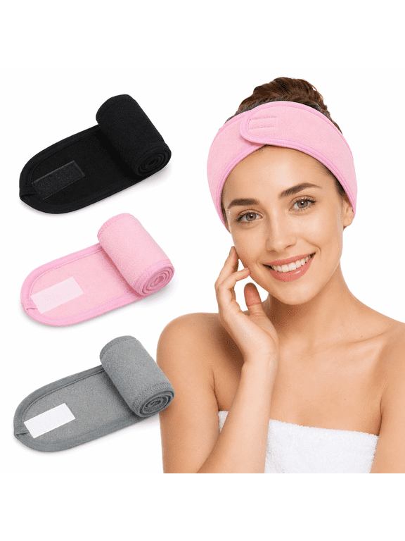 3 Pack Face Washing Spa Headband for Women Adjustable Non-Slip Terry Cloth Headband for Makeup, Shower Soft Stretchable Hair Wrap Towel with Velcro Closure, One Size Fits Most