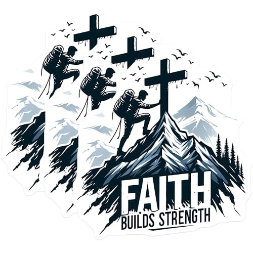 (3 Pack) Faith Builds Strength Decals - Christian Decal - Mountain Climbing Decal - 3 Inches On Longest Side - Easy Peel & Apply - Made in USA - 3MCS8408
