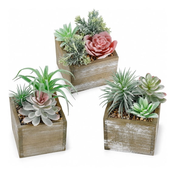 Miracliy 3 Pack Faux Succulent Plants with Wooden Planters, Mini Indoor Table Decor