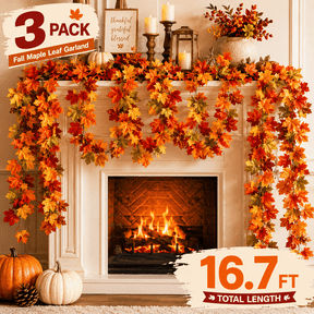 3 Pack Fall Maple Leaf Garland, 16.7 Ft Total Length Artificial Autumn Leaves Vine for Thanksgiving Decorations, Fall Home Mantel Decor