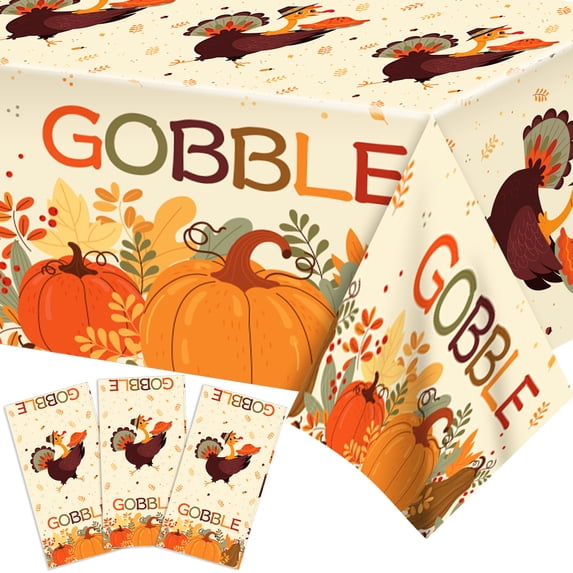 3 Pack Fall Thanksgiving Tablecloths 51x87in, Turkey Gobble Pumpkin Rectangle Plastic Table Cover for Fall Thanksgiving Harvest Party Decorations