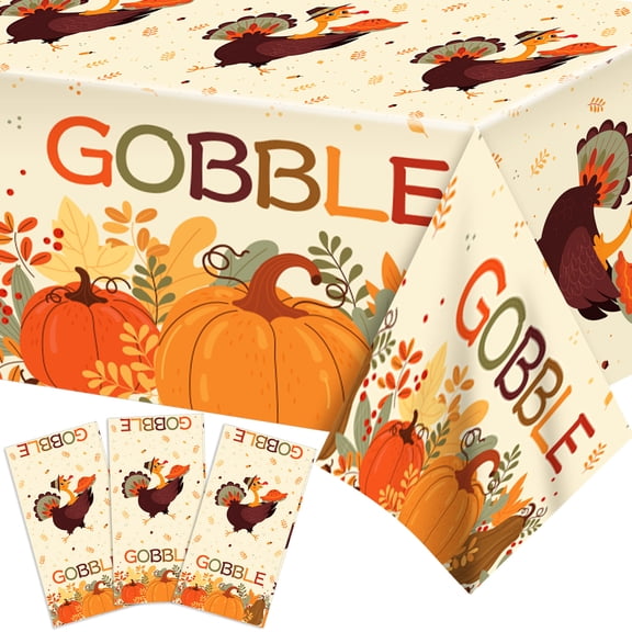 3 Pack Fall Thanksgiving Tablecloths 51x87in, Turkey Gobble Pumpkin Rectangle Plastic Table Cover for Fall Thanksgiving Harvest Party Decorations