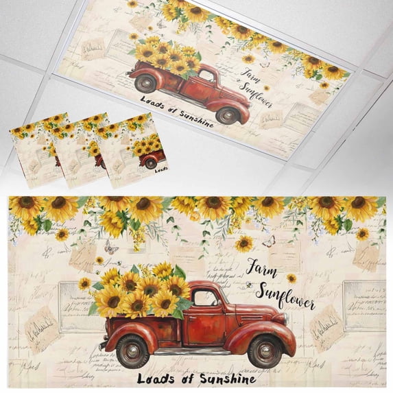 3 Pack Farmhouses Sunflowers Fluorescent Light Covers for Ceiling Lights Retro Floral Leaves Red Truck Vintage Magnetic Ceiling Light Covers Overhead Light Filters for Office Classroom Home