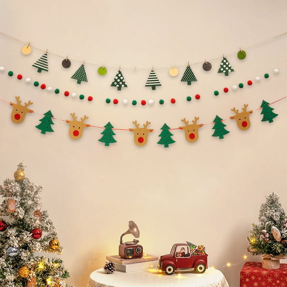 3 Pack Felt Christmas Banner Set, Reindeer & Christmas Tree Bunting, Xmas Tree Garland and Pom Pom String, Non-woven Hanging Decor for Fireplace Mantel Wall Holiday Party Decoration