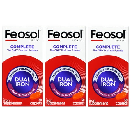 3 Pack Feosol Complete Bifera HIP & PIC Iron Supplement 30 Caplets Each