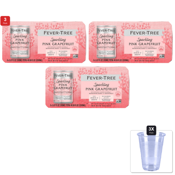 3 Pack | Fever-Tree Sparkling Pink Grapefruit 8Pk, 5.07 Fz & 3x Disposable Cup