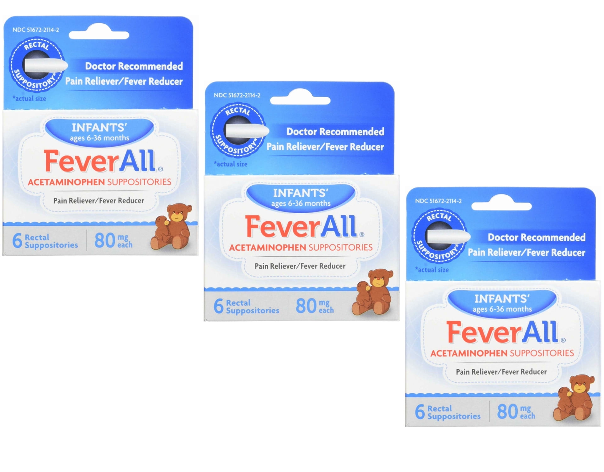 3 Pack FeverAll Infants 6 Rectal Acetaminophen Suppositories 80mg