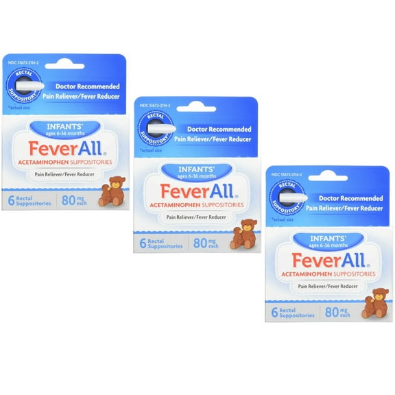 3 Pack - FeverAll Infants 6 Rectal Acetaminophen Suppositories 80mg Each