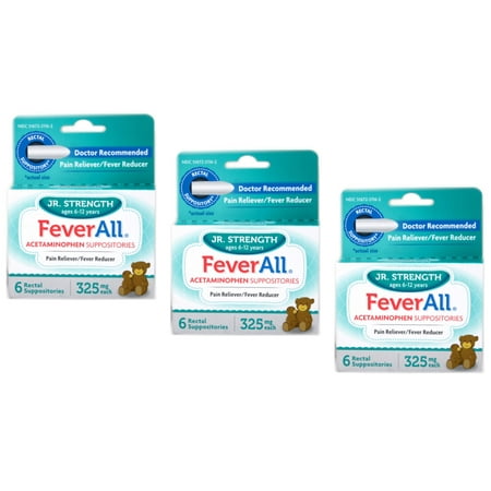 3 Pack Feverall Acetaminophen Suppositories JR Strength 325mg 6 Count Each