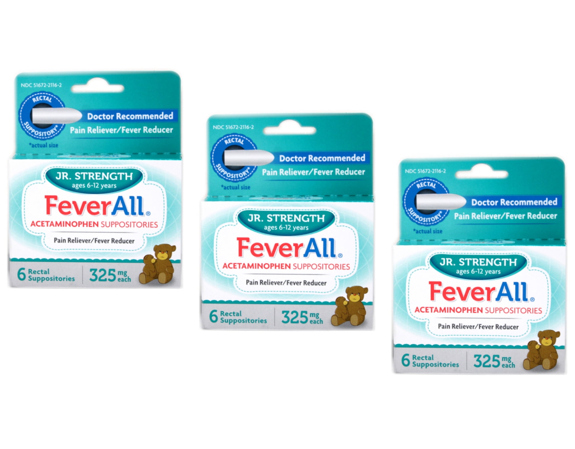3 Pack Feverall Acetaminophen Suppositories JR Strength 325mg 6 Count