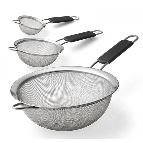 3 Pack Fine Mesh Strainers 3", 5", 8" Kitchen Sieves Sifters Strainers Set for Pasta Rice Quinoa Food Flour Baking