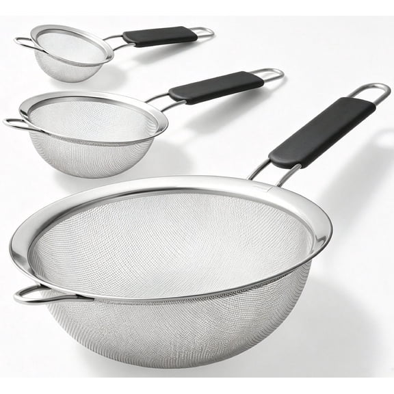 3 Pack Fine Mesh Strainers 3", 5", 8" Kitchen Sieves Sifters Strainers Set for Pasta Rice Quinoa Food Flour Baking