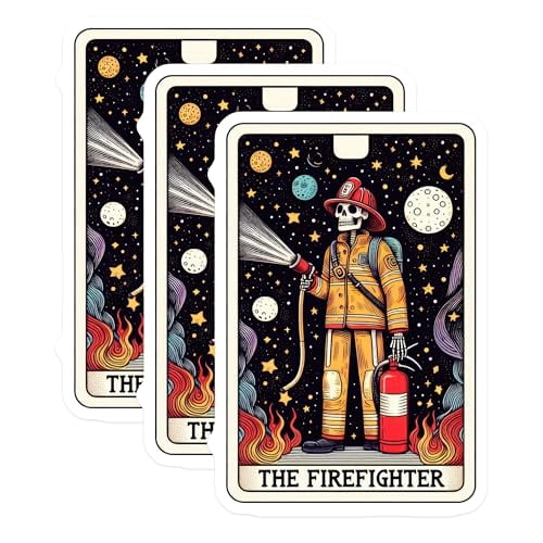 (3 Pack) Firefighter Tarot Card Decals - Halloween Skeleton - Rescue Worker Laptop Decal - 3 Inches On Longest Side - Easy Peel & Apply - Made in USA - 3MCS4176