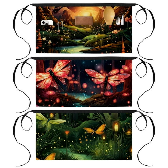 3 Pack Firefly Server Waist Aprons, Waitress Kitchen Restaurant Half Apron for Men Women with 3 Pockets