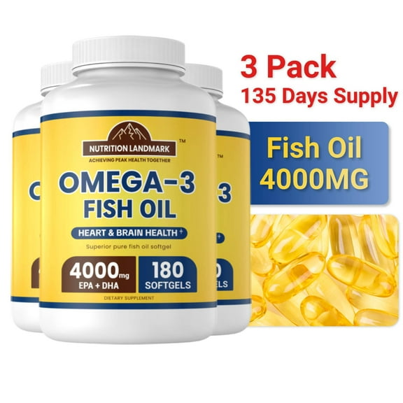 3 Pack Fish Oil Highly Bioavailable Triglyceride Omega-3 Fatty acids, 4000 mg Fish Oil Supplement (720 mg EPA / 480 mg DHA/Total 1200 mg of Omega-3) 180 softgels
