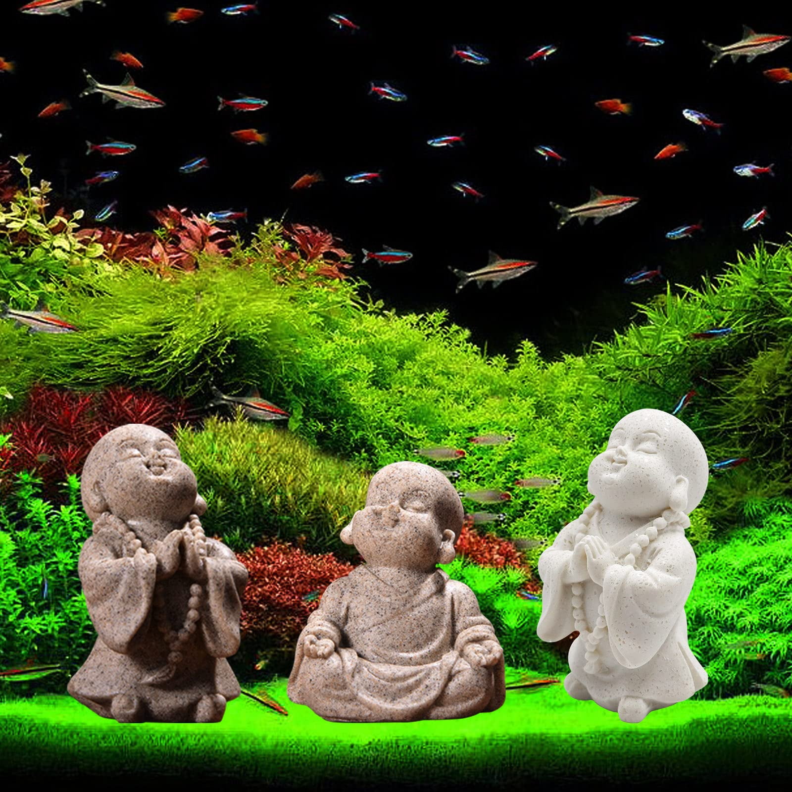 3 Pack Fish Tank Decor, Mini Buddha Statue Sculpture Decoration, Cute