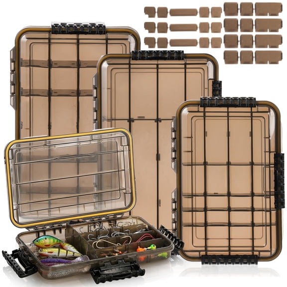 3 Pack Fishing Tackle Boxes 3600 3700 Tray Storage Box Waterproof Plastic Container With Adjustable Divider Tea-colored Floating Snackle Lure Organizer For Saltwater Freshwater(3 Size)