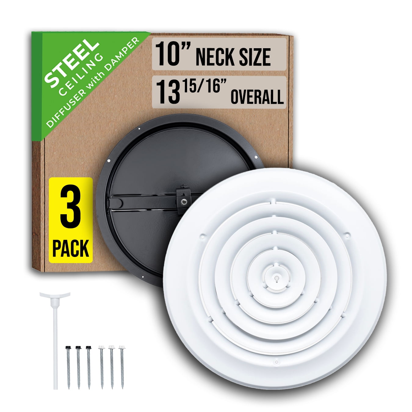 [3 Pack] Fits 10 Inch Neck Air Duct | Steel Round Air Supply Diffuser for Ceiling | 10" Neck Steel Butterfly Damper&Handle Included | Round Diffuser Vent Cover | White | Out. Dim.: 13-15/16"